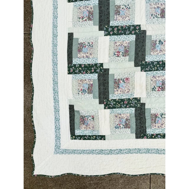 Vintage Hand Stitched Log Cabin Quilt Green And White, Square 77x79” For Sale - Image 14 of 18