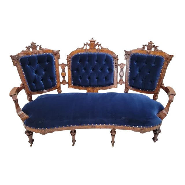 Antique Victorian Eastlake Style Carved Tufted Parlor Settee Newly Reupholstered in Blue Velvet For Sale