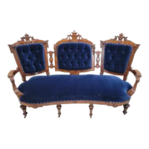 Antique Victorian Eastlake Style Carved Tufted Parlor Settee Newly Reupholstered in Blue Velvet