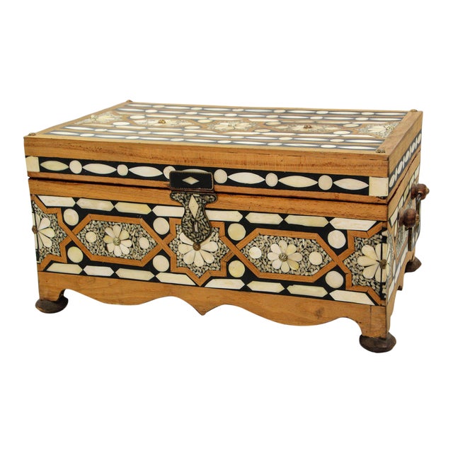 Moroccan Dowry Box Inlaid With White Camel Bone Rectangular Carved Wood Trunk For Sale