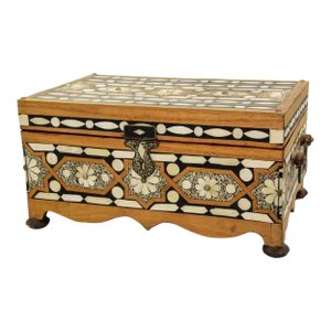Moroccan Dowry Box Inlaid With White Camel Bone Rectangular Carved Wood Trunk