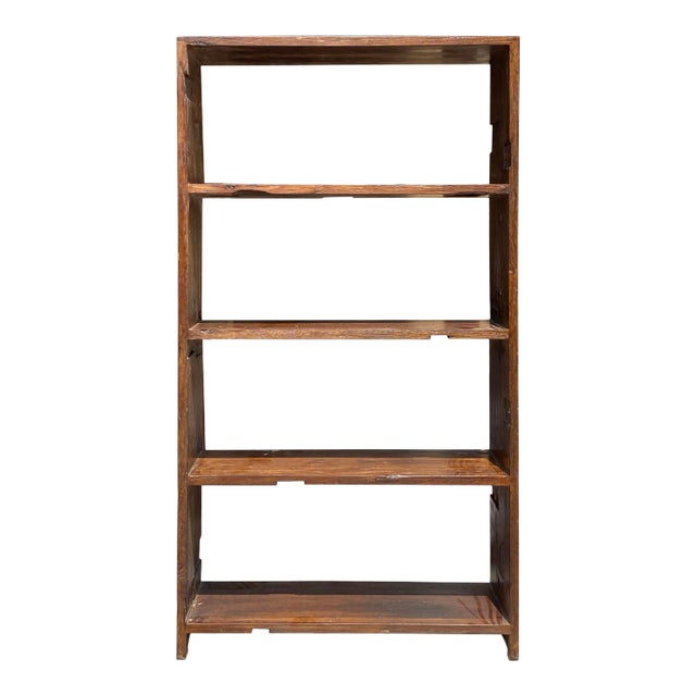 Rustic Raw Old Wood Open Shelf Brown Bookcase Display Cabinet For Sale