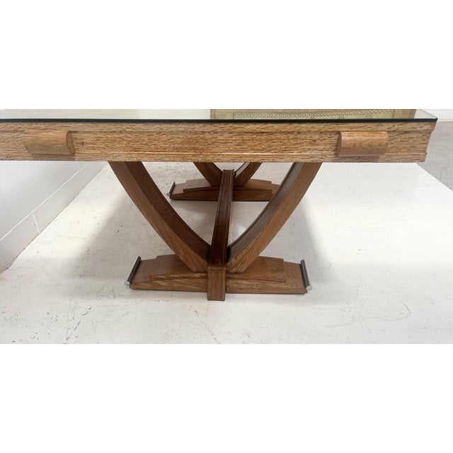 Beautiful Art Deco desk in limed oak V-shaped base with stretcher on a chromed metal plate The top is inlaid with a veneer...