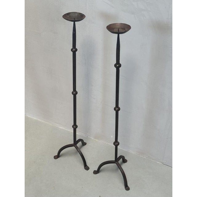 Mid-Century Modern Vintage Brutalist Iron Floor Candleholders, Set of 2 For Sale - Image 3 of 10