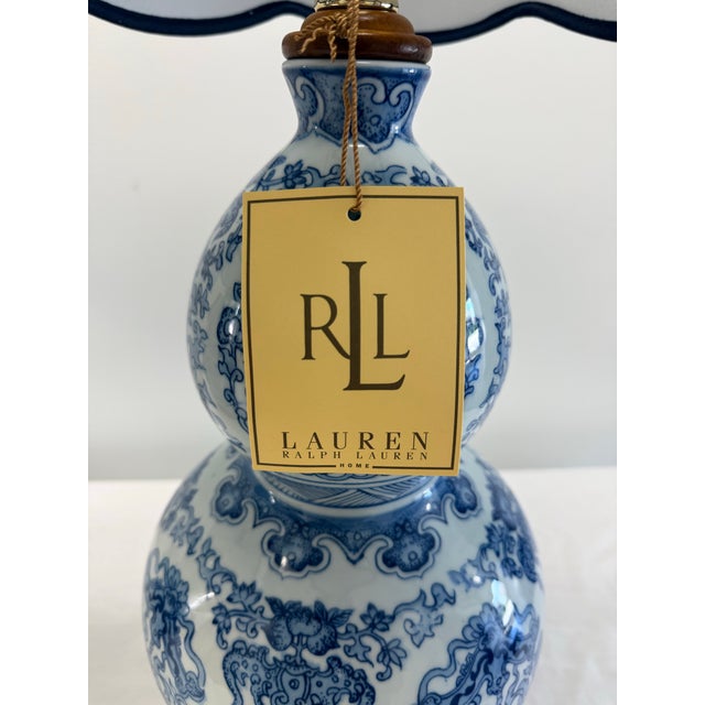 Late 20th Century Pair of Ralph Lauren Home Blue & White Porcelain Double Gourd Table Lamps With White/Blue Trim Shades For Sale In Nashville - Image 6 of 11