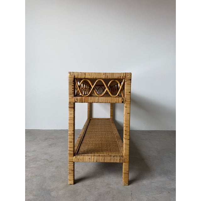 Vintage Coastal Rattan Two-Tier Console Table With Glass Top For Sale - Image 10 of 17