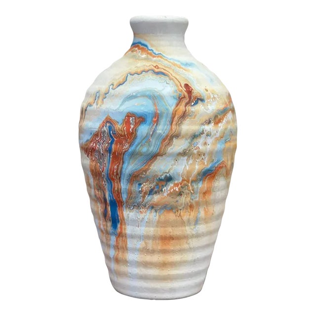 Vintage Handmade Nemadji Minnesota Multicolored Stamped Ceramic Vase For Sale