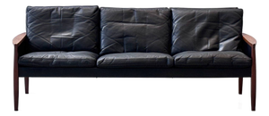 Mid-Century Sofa in Rosewood and Black Cowhide Leather by Hans Olsen for Vatne Møbler