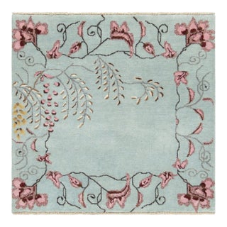 Rug & Kilim’s Chinese Art Deco Style Square Rug, Light Blue With Floral Patterns For Sale