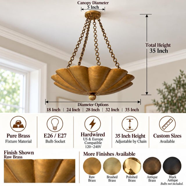 Elevate your home with this handcrafted pure brass pendant light, featuring an elegant scalloped floral design inspired by...