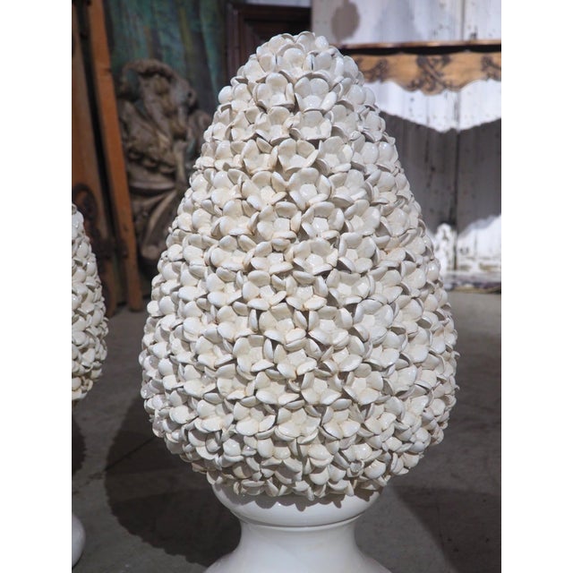 Ceramic Pair of Tall Italian Pyramidal Creamware Topiaries, H-28 Inches For Sale - Image 7 of 18