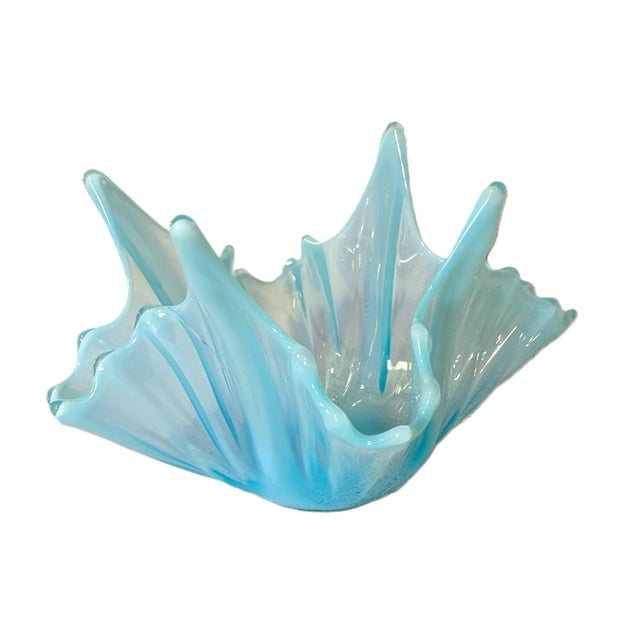 Vintage Handkerchief Bowl of Opalescent Crimped Blue Glass, by Fostoria For Sale - Image 6 of 12