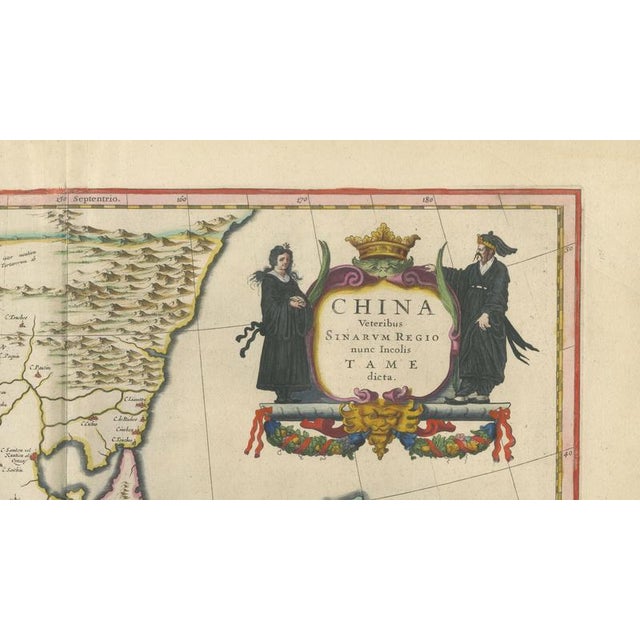 17th Century Antique Map of China, Japan & Korea with Cartouches and Ships from Blaeu, 1642 For Sale - Image 5 of 12