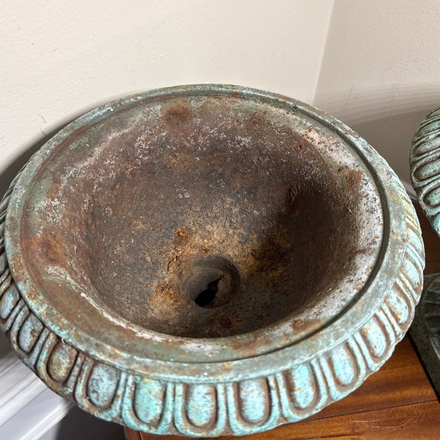 Vintage Pair French Country Cast Iron Verdigris Green Garden Urns Planters Set For Sale - Image 4 of 7
