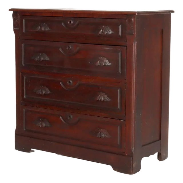 Antique Walnut 4-Drawer Dresser With Carved Pulls Circa 1890 For Sale