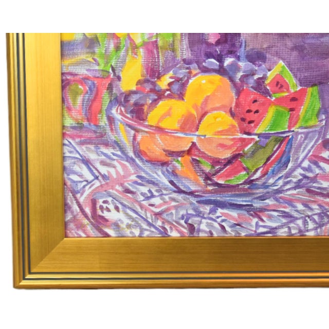 Original still-life painting in a Post-Impressionist or Fauvist style, featuring a glass bowl of fruit (such as oranges,...