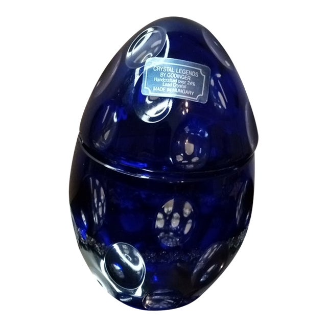 1980s Exquisite Godinger Cobalt Blue Crystal Egg Trinket Holder From Hungary For Sale
