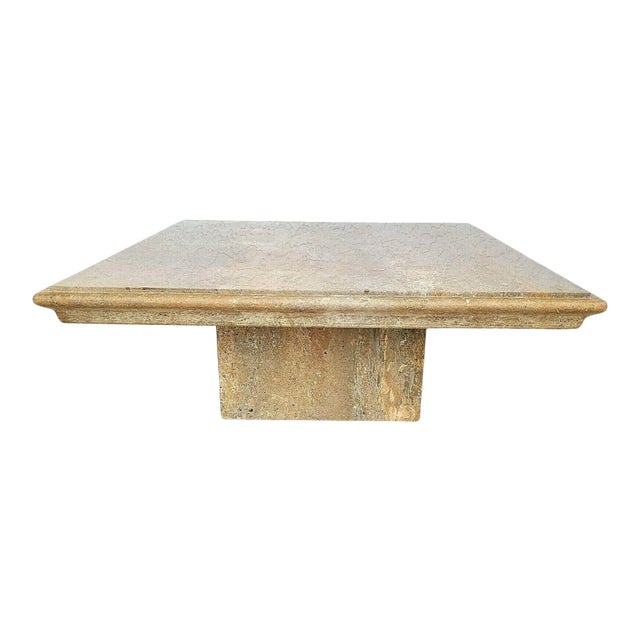 Polished Walnut Travertine Marble Cocktail Coffee Table For Sale
