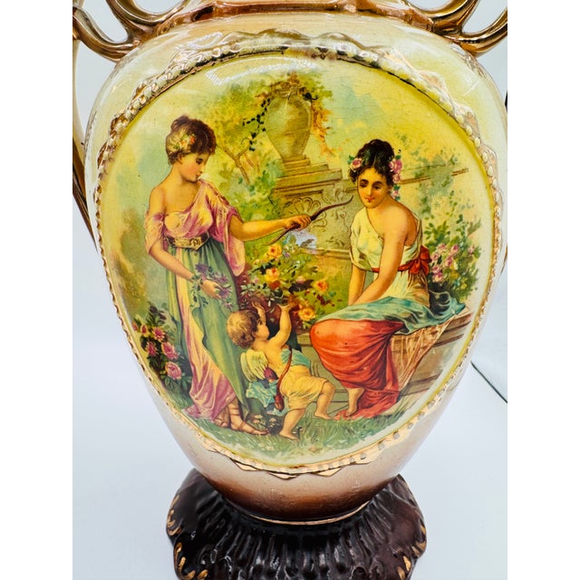 Early 20th Century Pair of Victorian Ceramic Porcelain Urns/ Vases Figural Scene & Rose Back Transfers #848 For Sale - Image 5 of 18