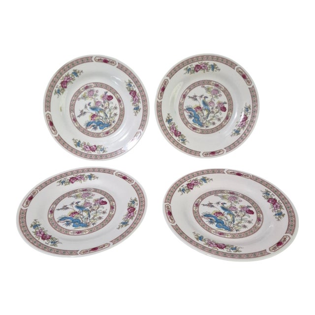 Vintage Table Tops Unlimited Four Dessert Plates Asian Chinoiserie Bird Floral Pattern - Set of 4 For Sale