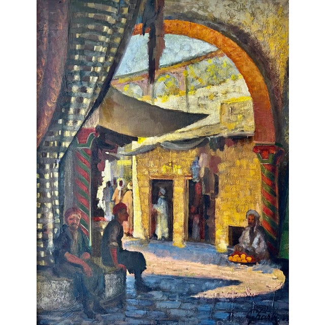 Jalal Gharbi, Large Orientalist Arab Oil Painting Merchants at the Bazaar Souq Jalal Gharbi, 1963 For Sale In Miami - Image 6 of 12