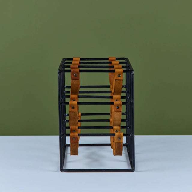 Mid 20th Century Arthur Umanoff Wrought Iron and Leather Wine Rack For Sale - Image 11 of 17