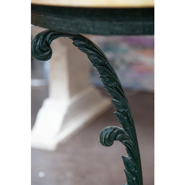 Green Painted and Parcel Gilt Iron Circular Table With Faux Travertine Top For Sale - Image 4 of 8