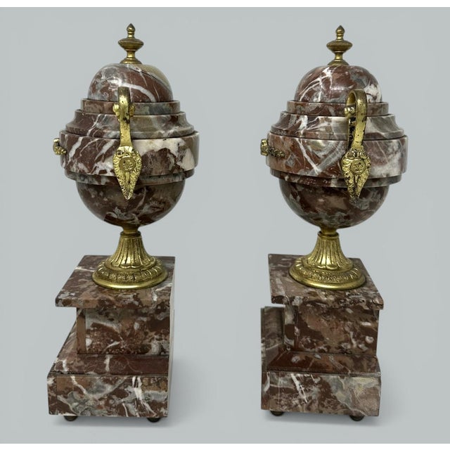 Pair French Regency Style Rosso Levano Marble Gilt Bronze Ormolu Urns Vases 19Ct For Sale - Image 4 of 9