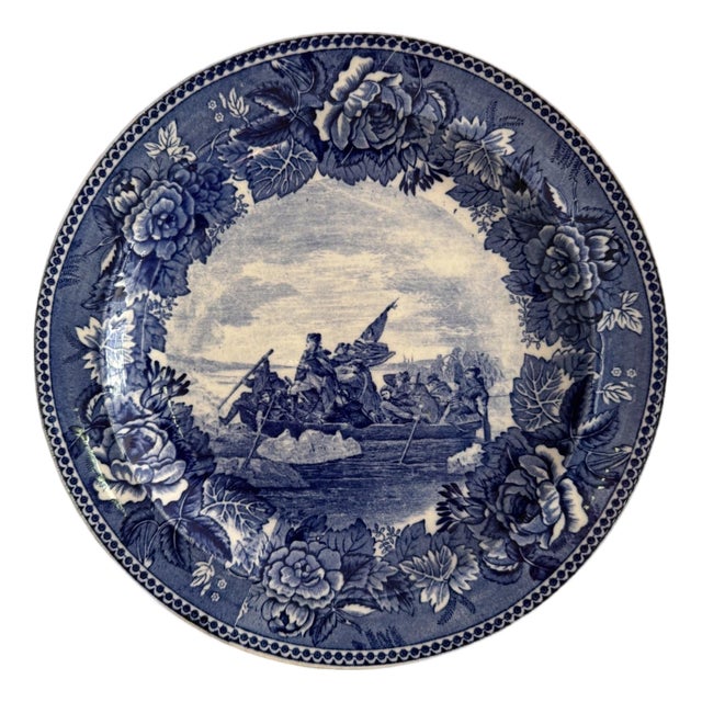 Antique Wedgewood Historical Blue 9" Plate Washington Crossing the Delaware Etruria For Sale
