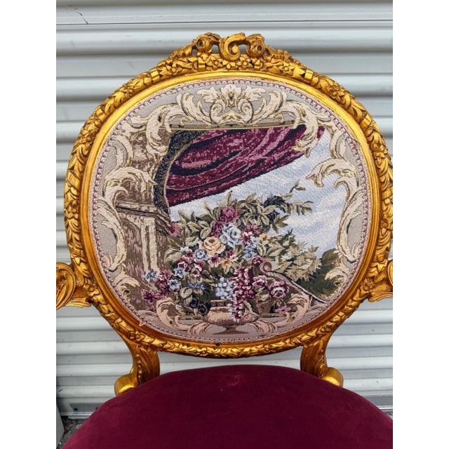 Vintage Set of 2 Louis XVI Armchairs, Hand-Carved Gilded Frame, Velvet Upholstery For Sale In Orlando - Image 6 of 8