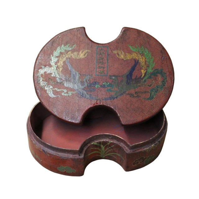 Chinese Distressed Brown Lacquer Oval Phoenix Graphic Box For Sale In San Francisco - Image 6 of 8
