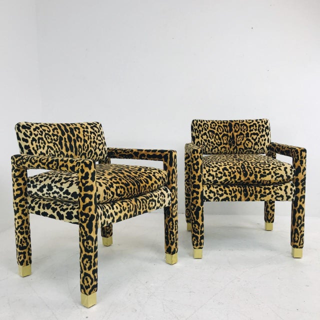 Milo Baughman Leopard Parsons Chairs With Brass Sabots, Custom - A Pair For Sale - Image 4 of 12