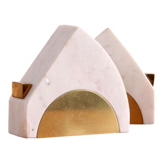 Modernist White Marble & Brass Figural Bird Bookends - a Pair For Sale