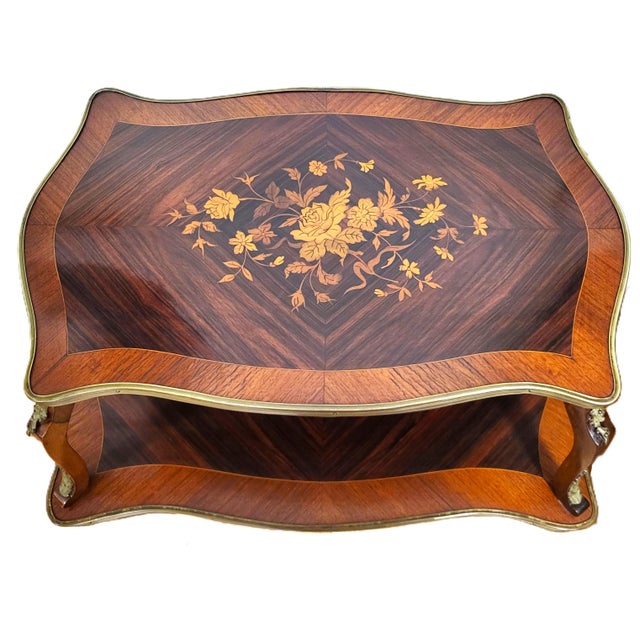 Antique French Louis XV Floral Inlay Rosewood & Bronze Double Tier Dessert Table For Sale - Image 9 of 15