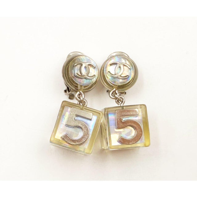 Contemporary Chanel Vintage Silver CC Iridescent Dice 5 Dangle Clip on Earrings, A Pair For Sale - Image 3 of 5