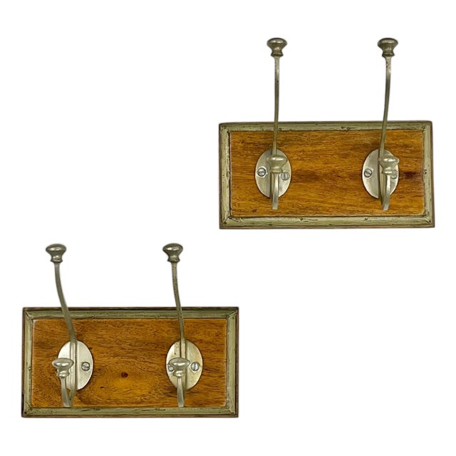 Pair of Vintage French Mid Century Wood and Metal Double Wall Hooks on Wood Plaques For Sale