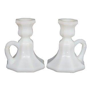 Milk Glass White Octagonal Flared Candlestick Holders With Handles a Pair For Sale
