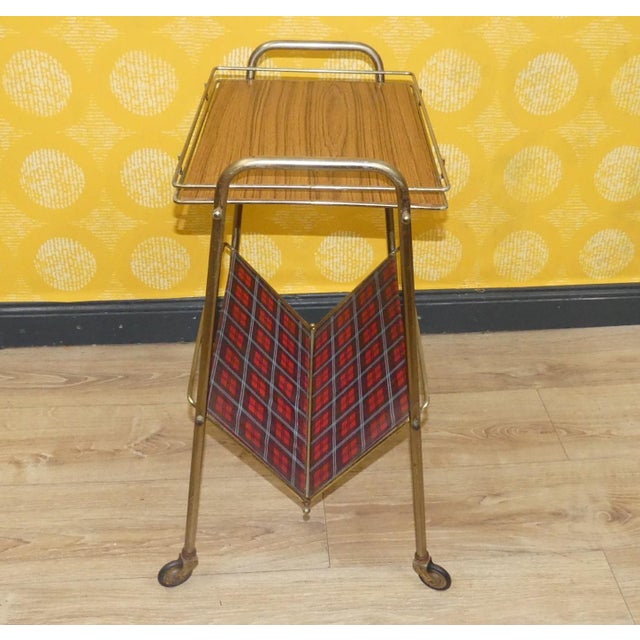 Formica Newspaper Rack with Red Checkered Shelf and Wheels, 1960s For Sale - Image 10 of 11
