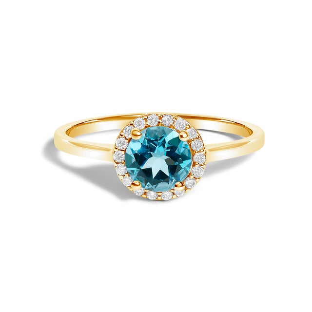 Contemporary 10K Yellow Gold Blue Topaz and 3/8 Cttw Diamond Halo Jewelry Set (Earrings, Pendant & Ring) For Sale - Image 3 of 6