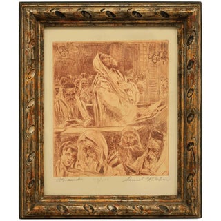 Samuel George Cahan, A Fine Judaica Etching "Atonement" Yom Kippur in the Synagogue, 1950 For Sale