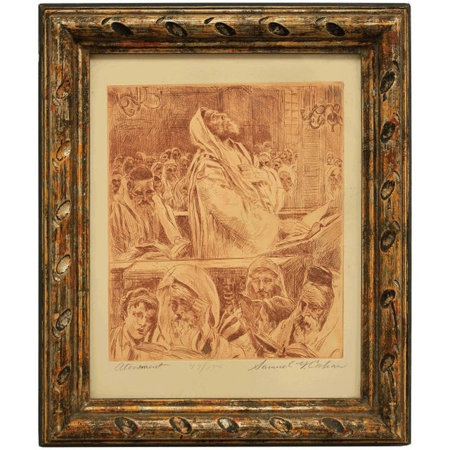 Samuel George Cahan, A Fine Judaica Etching "Atonement" Yom Kippur in the Synagogue, 1950 For Sale