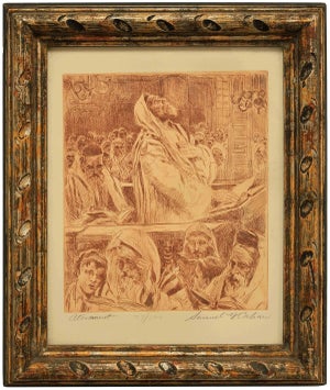 Samuel George Cahan, A Fine Judaica Etching "Atonement" Yom Kippur in the Synagogue, 1950