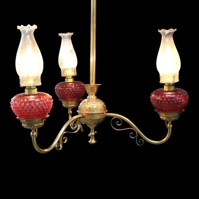 Brass & Cranberry Glass Electrified 3-Light Hanging Chandelier C1880 For Sale - Image 9 of 10
