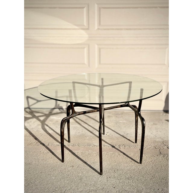 Mid-Century Modern Sculptural Antique Bronzed Iron Legs Round 48” Glass Top Cyrano Dining Table by Made Goods For Sale - Image 3 of 11