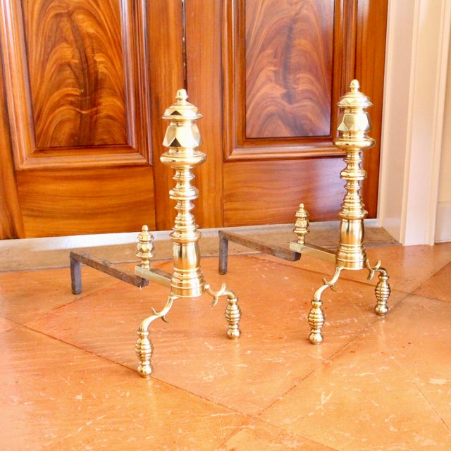 Pair of Antique English Turned Brass Andirons With “Beehive” Feet For Sale - Image 4 of 11