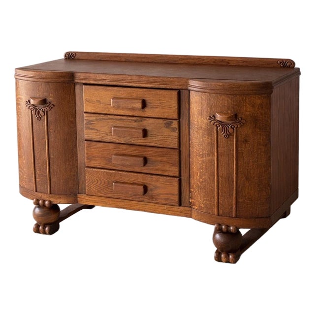 Antique Solid Oak Sideboard Cabinet With Carved Gallery Rail & Original Wood Pulls For Sale