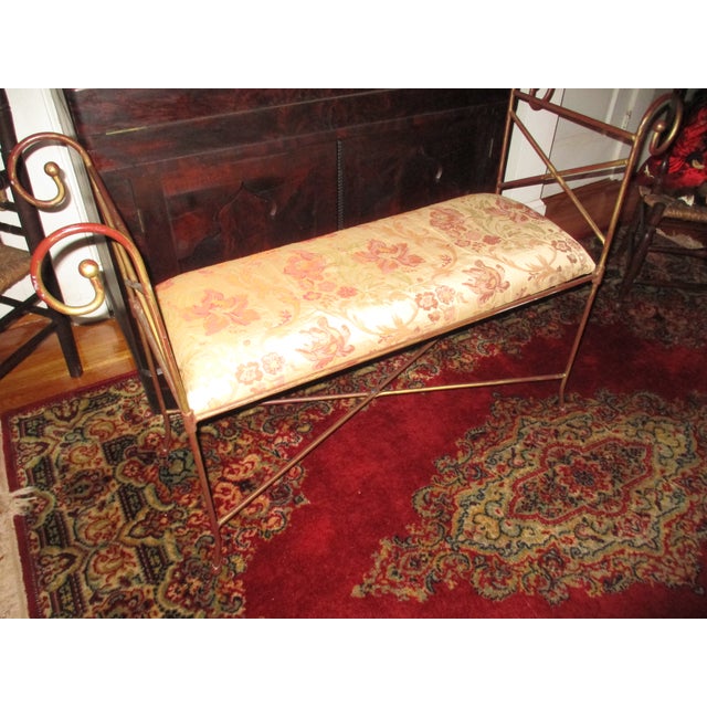 Art Nouveau Vintage Art Nouveau Style Gold & Maroon Ornate Metal Bench / Settee For Sale - Image 3 of 12