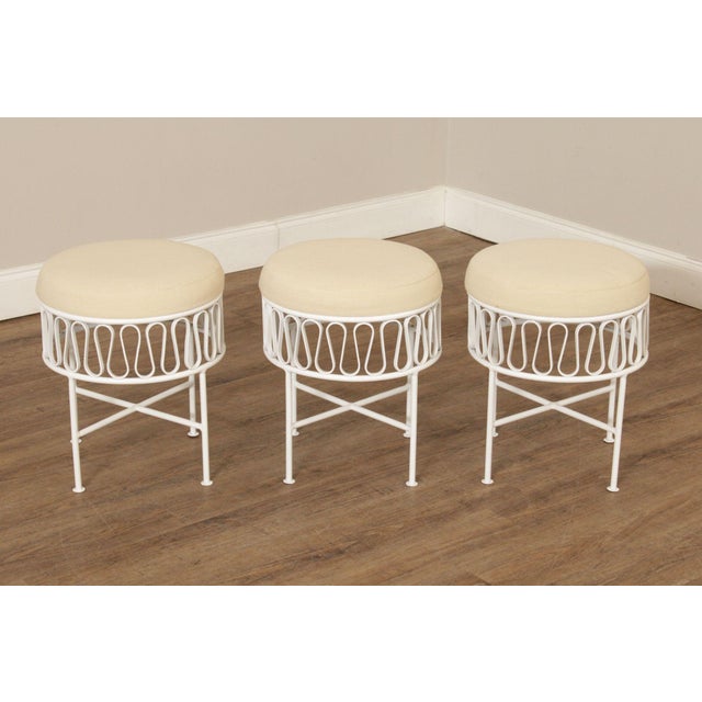 High Quality Vintage Set Of 3 Wrought Iron Stools, White Painted Finish, Custom Upholstered Seats Designed By Maurizo...