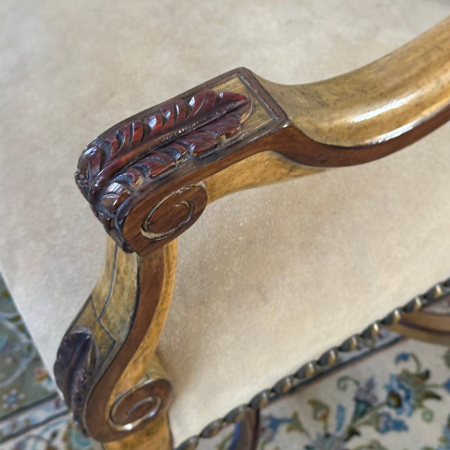 Kreiss Vintage Richelieu Arm Chair in Antiqued Wood, Suede and Metallic Studs by Kreiss, a Pair For Sale - Image 4 of 12