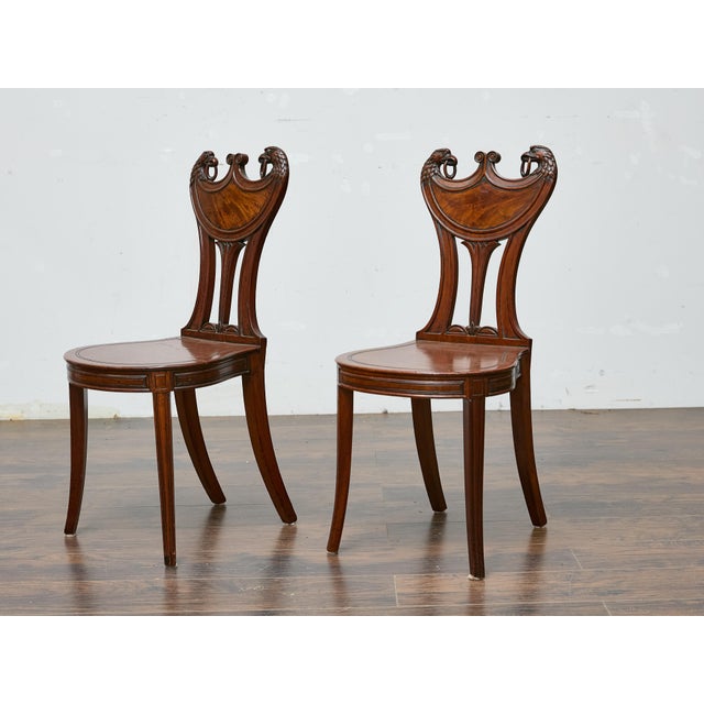 Wood Pair of English Mahogany Hall Chairs with Carved Eagle Heads, 19th Century For Sale - Image 7 of 11